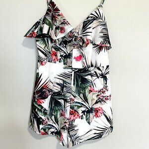 L'ATISTE Tropical White Romper with Spaghetti Straps and Palm Leaves Size Large